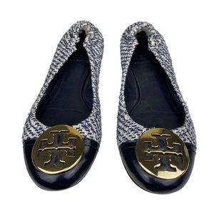 TORY BURCH Reva Navy Blue Tweed Gold Logo Medallion Cap Toe Ballet Flats